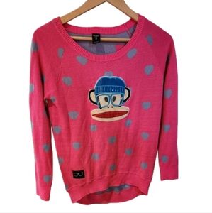 Paul Frank Small‎ OS Pink and Gray Crew Neck Sweater with Cartoon Design Hearts